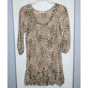 Rebecca Taylor Silk Animal Print Mini Dress Boho Frayed Trim Drawstring Size 2